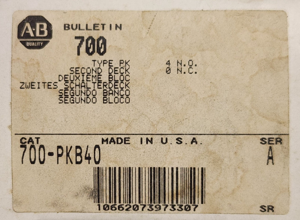 ALLEN BRADLEY 700-PKB40 Type PK Control Relay Second Deck Contact Cartridge 4 NO