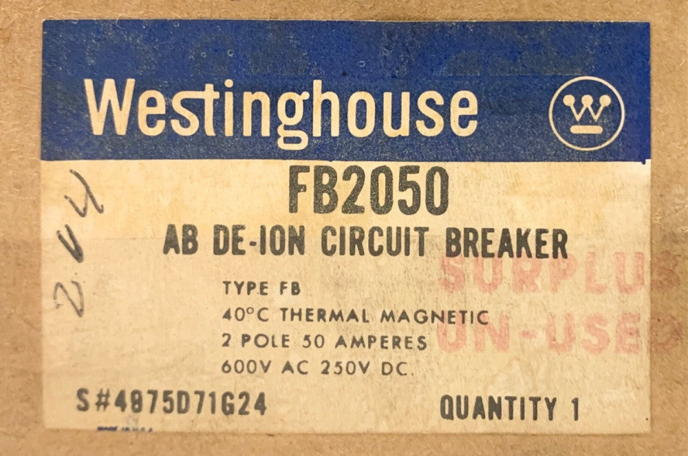 WESTINGHOUSE CUTLER HAMMER FB2050 2 Pole 50 AMP Type FB Circuit Breaker 600 VAC