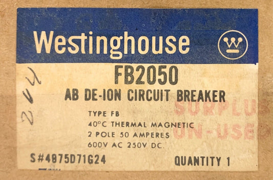 WESTINGHOUSE CUTLER HAMMER FB2050 2 Pole 50 AMP Type FB Circuit Breaker 600 VAC