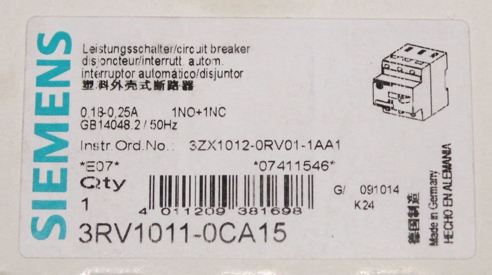 SIEMENS Manual Motor Protector Breaker .18-.25 Amp 3RV1011 0CA15