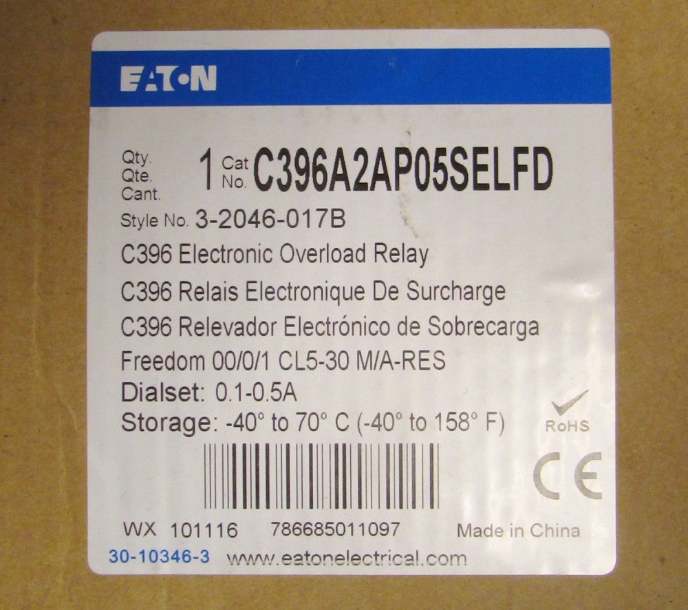 Eaton Cutler Hammer C396 Electronic Overload Relay .1-.5 Amp  C396A2AP05SELFD