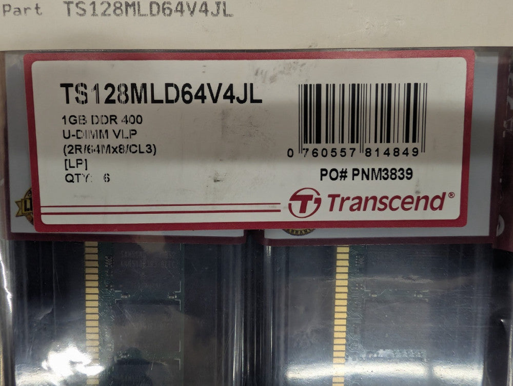 New, Transcend, TS128MLD64V4JL, 1GB MEM DDR 400 U-DIMM VLP 