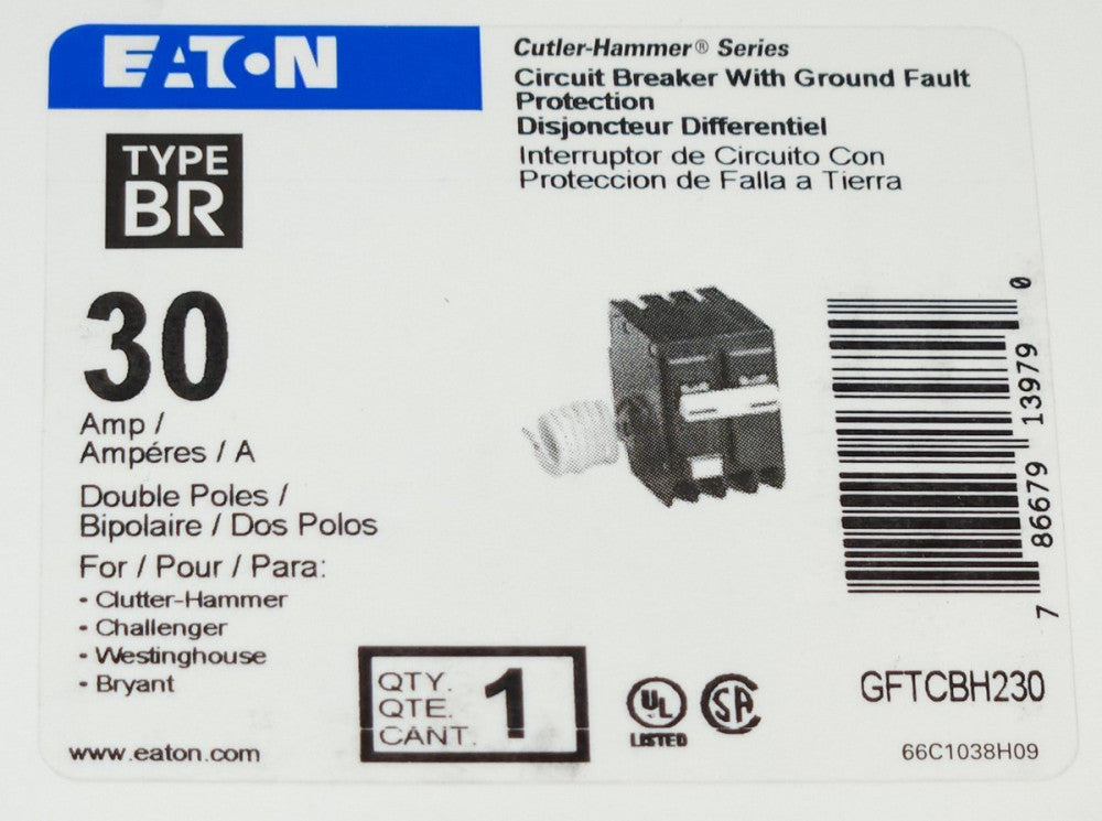 EATON CUTLER HAMMER GFTCBH230 2 Pole 30 AMP Type BR Ground Fault Circuit Breaker