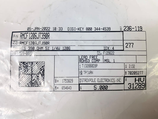 (SEALED) STACKPOLE ELETRONICS RMCF1206JT390R TR ND Pack of 5000 Resiton Chip 4L