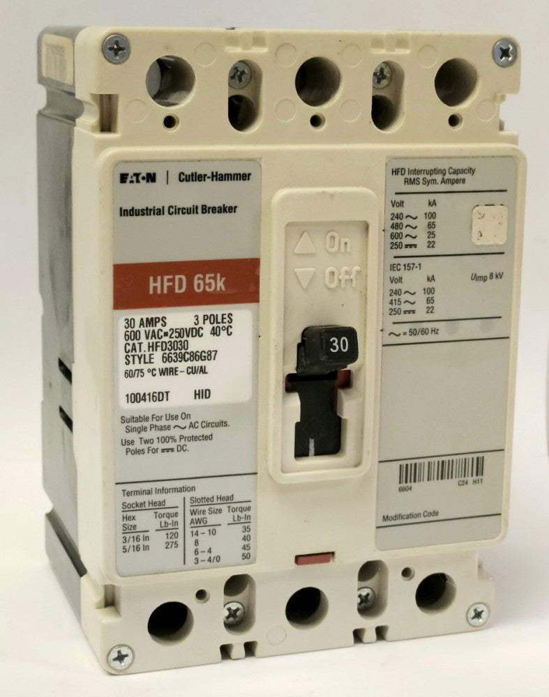 EATON CUTLER HAMMER HFD3030 3 Pole 30 AMP Type HFD Circuit Breaker