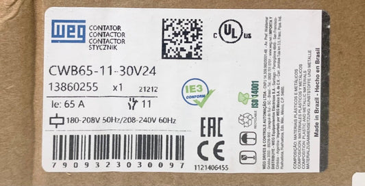 WEG CWB65 11 30V24 3 Pole 65 AMP 180-208 VAC Contactor 13860255