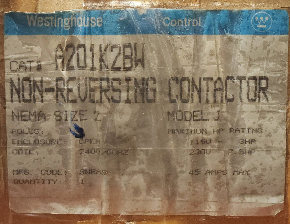 WESTINGHOUSE CUTLER HAMMER A201K2BW Size 2 A200 3 Pole Contactor 240 VAC 45 AMP