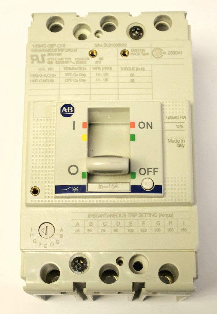ALLEN BRADLEY 140MG G8P C15 3 Pole 15 AMP Type 140MG-G8 Magnetic Motor Circuit
