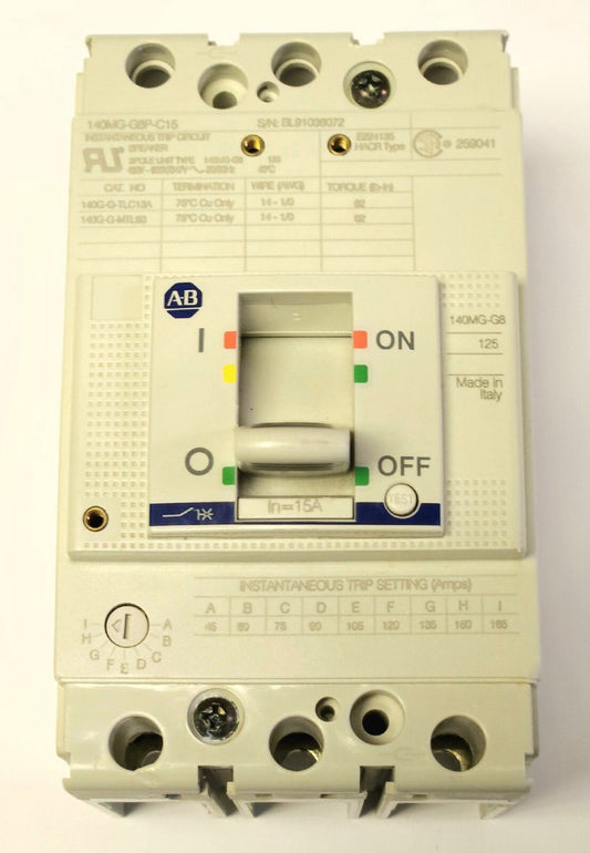 ALLEN BRADLEY 140MG G8P C15 3 Pole 15 AMP Type 140MG-G8 Magnetic Motor Circuit