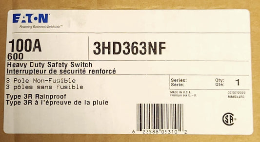 EATON CUTLER HAMMER 3HD363NF 3 Pole 100 AMP Nema 3R Safey Switch 600 VAC Outdoor