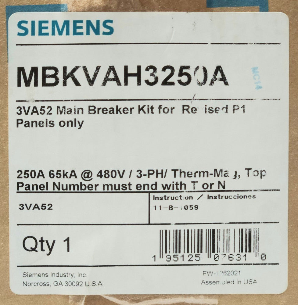SIEMENS MBKVAH3250A 3 Pole 250 AMP 3VA52 Main Breaker Kit 3VA5 250H TM230 TRIP
