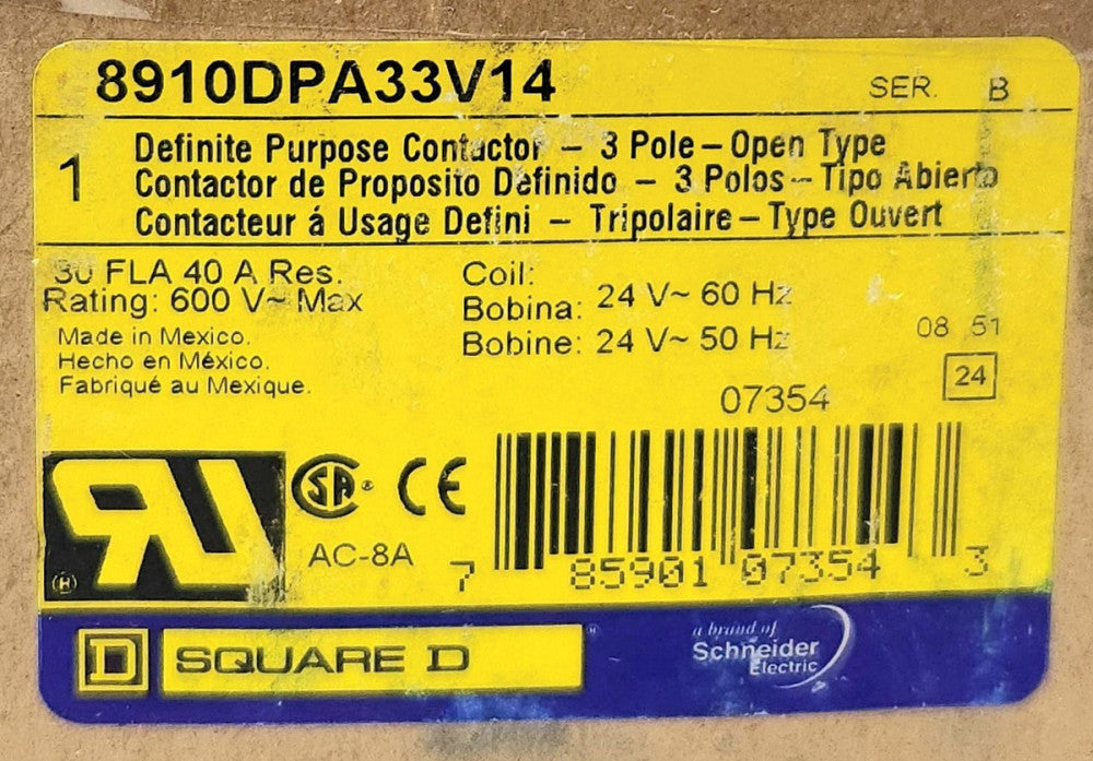 SQUARE D 8910DPA33V14 3 Pole Definite Purpose Contactor 8910 DPA 33 24 Volt 30