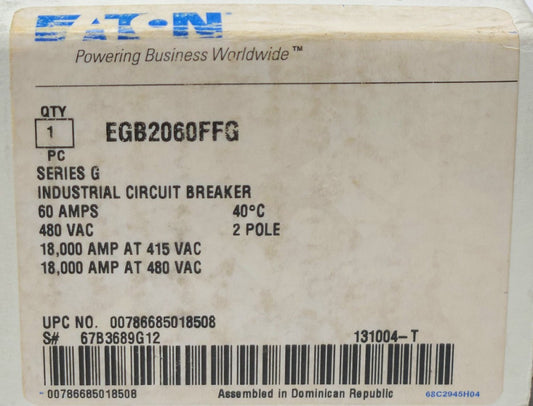EATON CUTLER HAMMER EGB2060FFG 2 Pole 60 AMP Type EGB E125B Circuit Breaker
