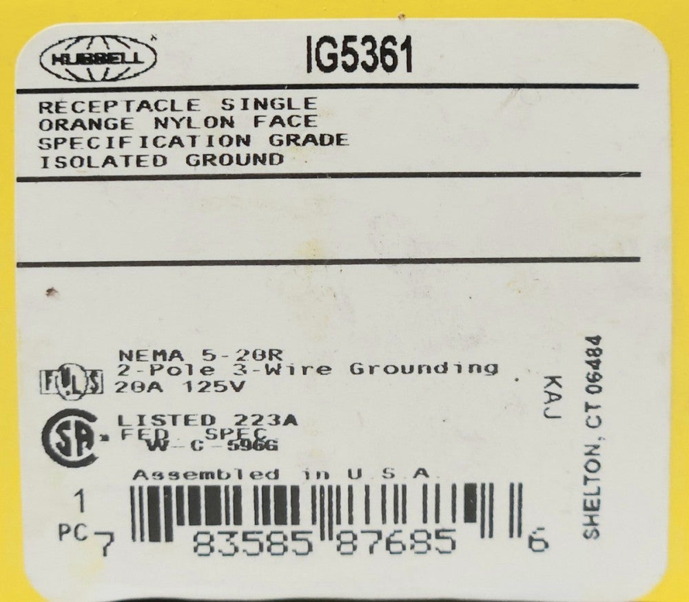 HUBBELL IG5361 2 Pole 20 AMP 125 VAC ORANGE Receptacle 2 Pole 3 Wire