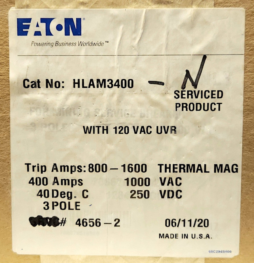 EATON CUTLER HAMMER HLAM3400 3 Pole 400 AMP Type HLAM MINING Circuit Breaker