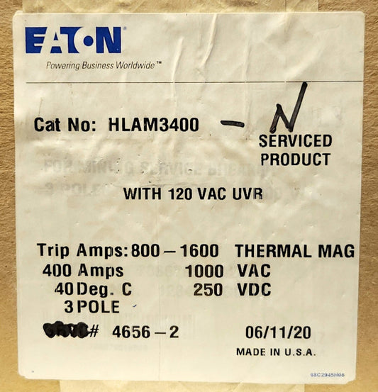 EATON CUTLER HAMMER HLAM3400 3 Pole 400 AMP Type HLAM MINING Circuit Breaker