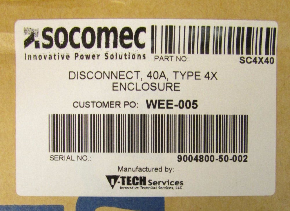 SOCOMEC SC4X40 EXM T260 14 0162 40 Amp 4X Stainless Steel Disconnect 