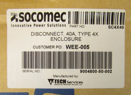SOCOMEC SC4X40 EXM T260 14 0162 40 Amp 4X Stainless Steel Disconnect 