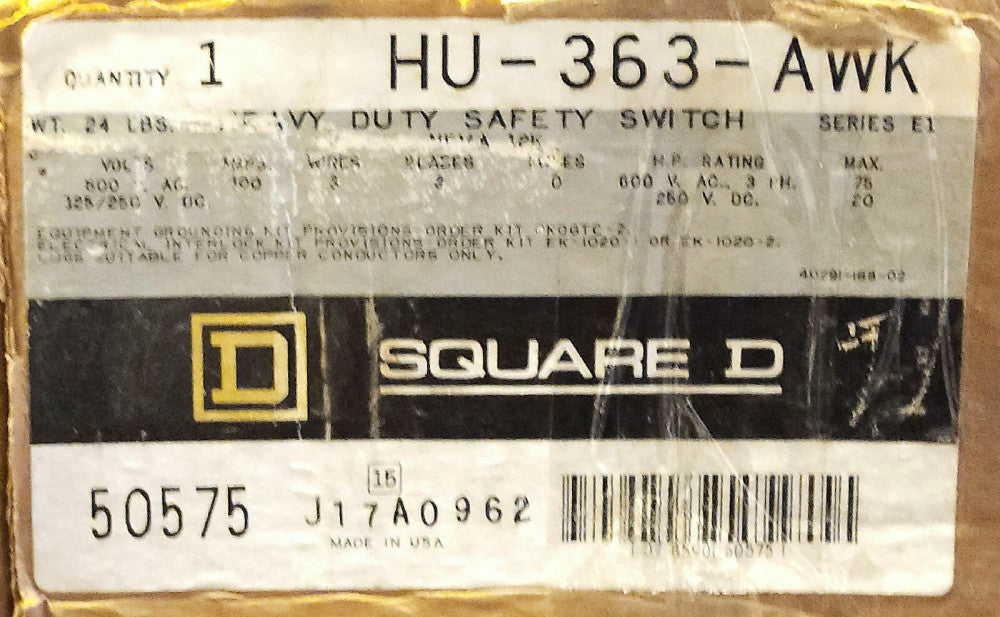 SQUARE D HU363AWK 3 Pole 100 AMP NEMA 12K Heavy Duty Safety Switch 600 VAC