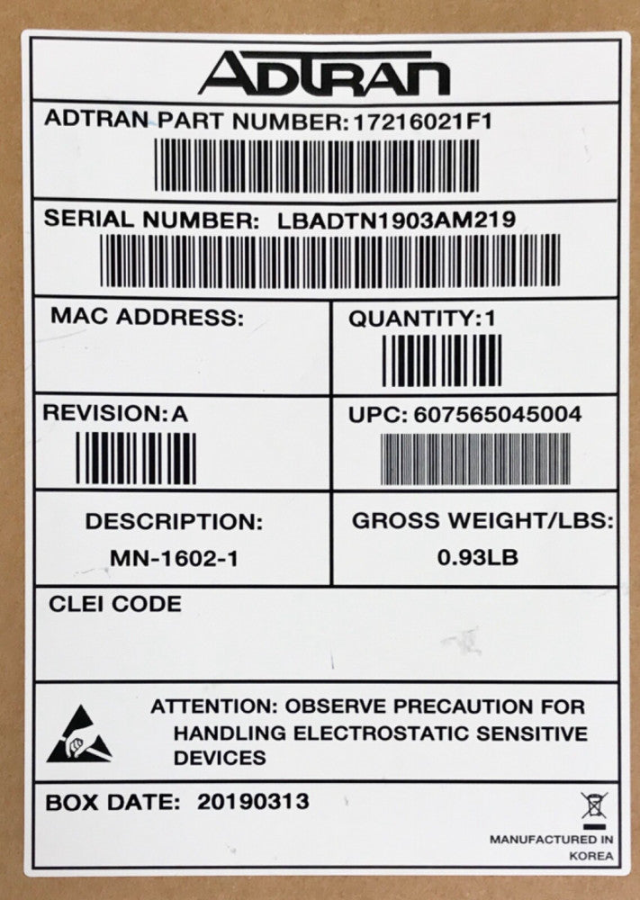 ADTRAN 17216021F1 MN-1602-1 5-42/54-1002 MHZ Optical Port
