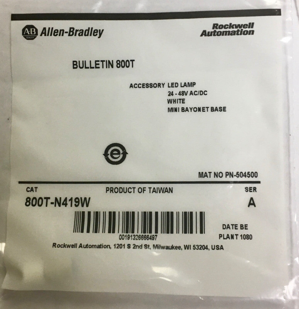ALLEN BRADLEY 800T N419W 24-48 VACVDC White LED Bayonet Lamp Bulb