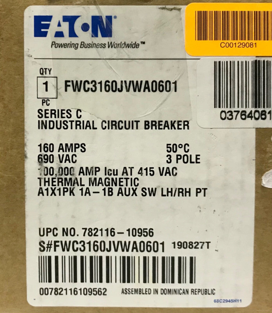 EATON FWC3160JVWA0601 160 AMP 690 VAC Type FWC 100K Circuit Breaker 50º 1A 1B