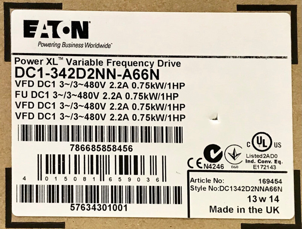 EATON DC1 342D2NN A66N 480VAC 1HP Power Variable Frequency Drive VFD DC1 3 .75 