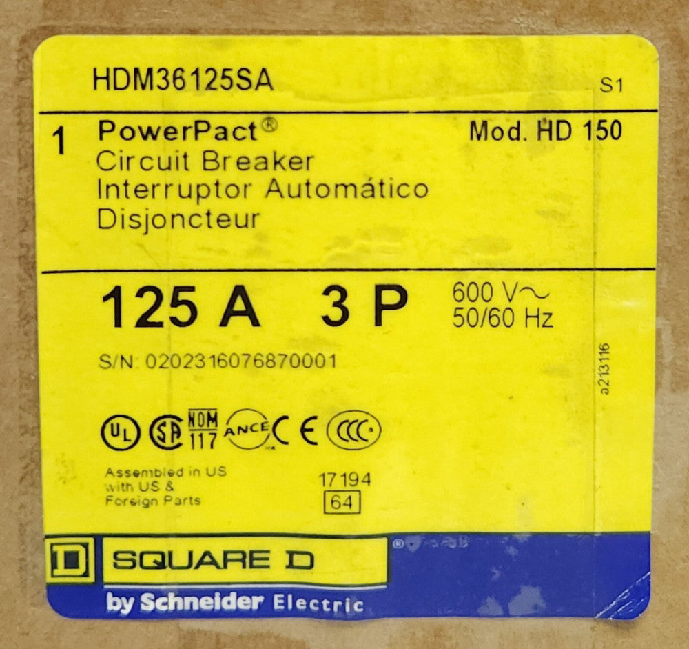 SEALED SQUARE D HDM36125SA 3 Pole 125 AMP Power PACT HD 150 Circuit Breaker
