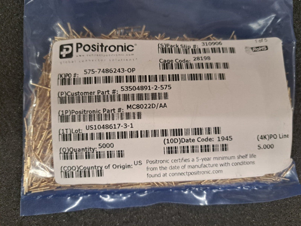 New, Positronic, MC8022D/AA, CONTACT MALE SIZE 22 CRIMP, Lot of 100