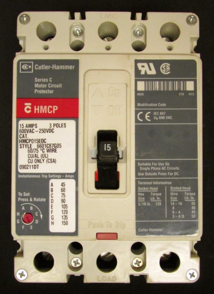 CUTLER HAMMER HMCP Motor Circuit Protector 15 Amp 3 Pole HMCP015E0C 