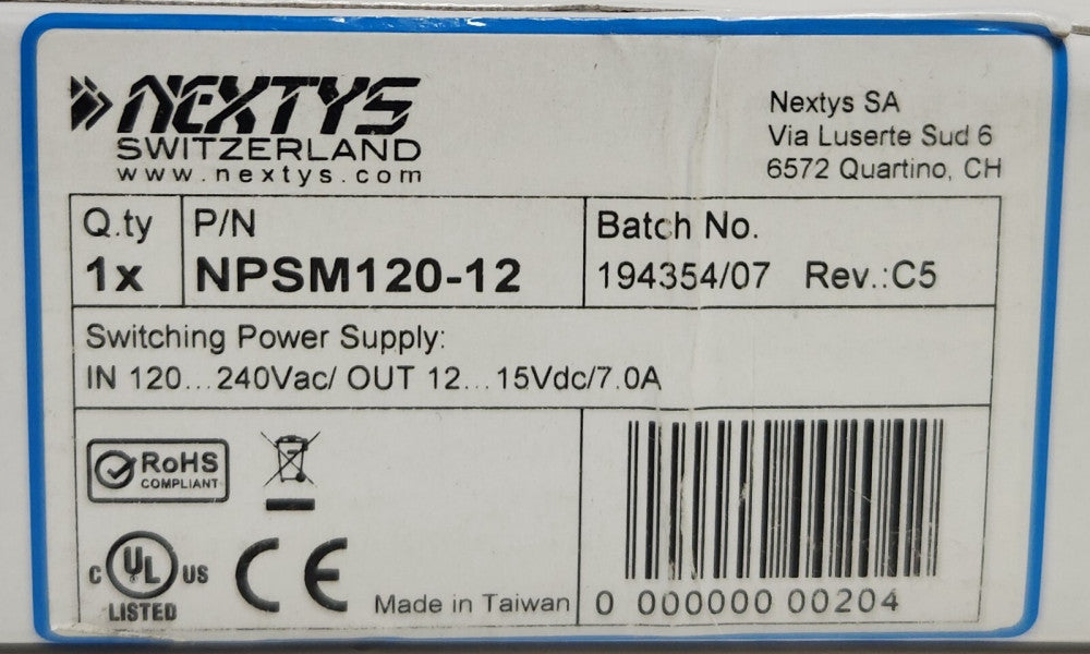NEXTYS NPSM120 12 Switching 12 Switching Power Supply Input 120-240 VAC Output
