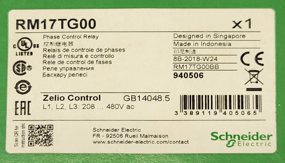 SCHNEIDER ELECTRIC RM17TG00 Phase Control Relay Zelio Contact GB14048.5 480 VAC