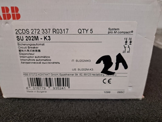 New, ABB, 2CDS272337R0317, Entrelec Line Breaker SU202M-K3 2-Pin, 3A, 10kA - 1pc