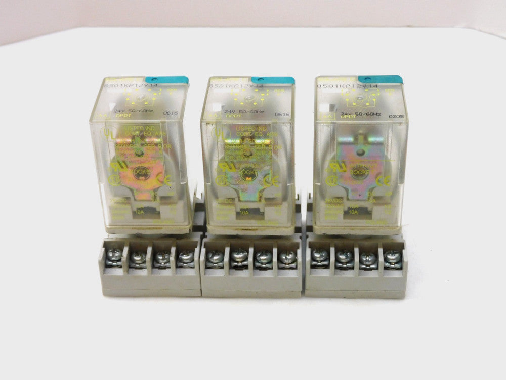 LOT OF 3 SQUARE D 8501KP12V14 SER E RELAY 24V 50/60Hz W/ BASE 8501NR51 SER B