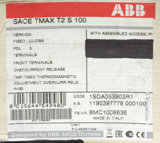 ABB SACE TMAX T2 S 100 SACET2S100 3 Pole 100 AMP with Overcurrent Release 1SDA05