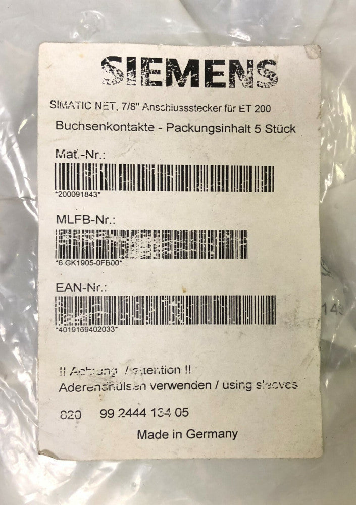 SIEMENS 820 99 2444 134 05 SIMATIC NET 7/8" ET 200 5 PIN Connector