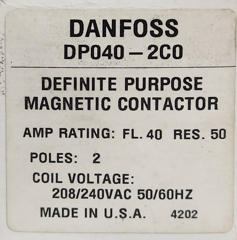 DANFOSS DP040 2C0 Definite Purpose Magnetic Contactor 208 240 VAC 50/60 Hz DP040