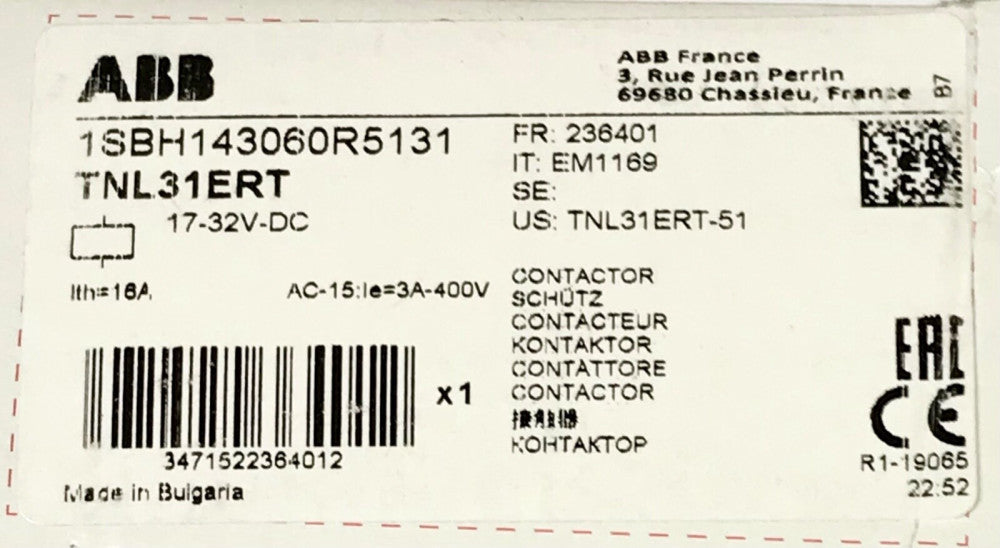 ABB TNL31ERT 51 17-32 VDC 16 AMP Contactor 1SBH143060R5131