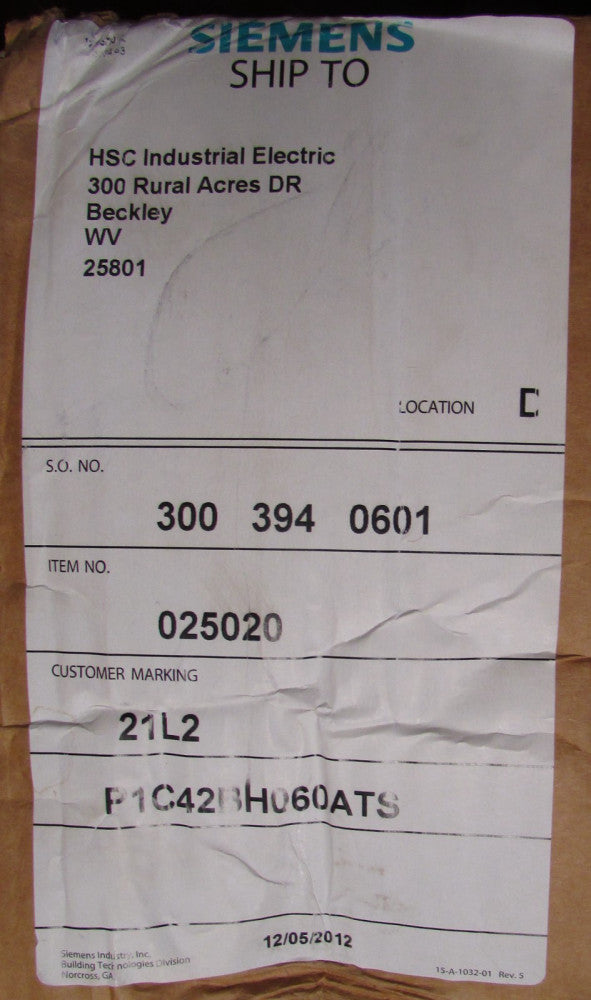 SIEMENS P1C42BH060ATS Type P1 Circuit Breaker Panel I-3 Control Technology