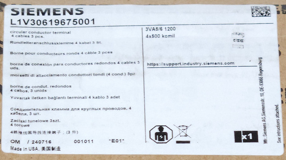 SIEMENS L1V30619675001 3VA5 3VA6 1200 Breaker Lug Terminal Kit 4X 500 kcmil