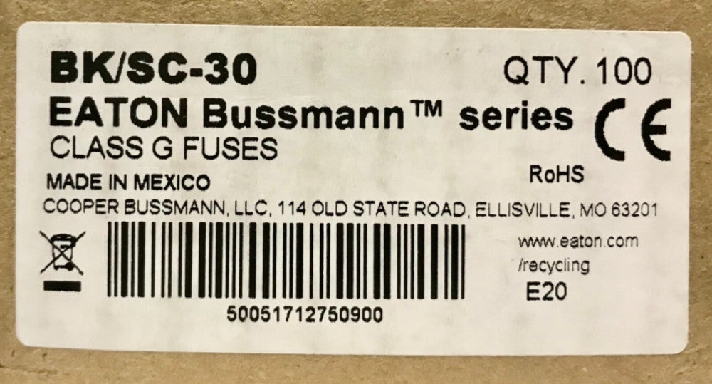 BOX OF 100 EATON BUSSMANN BK/SC-30 480VAC 30AMP 300VDC BK SC-30 Fuse Time Delay