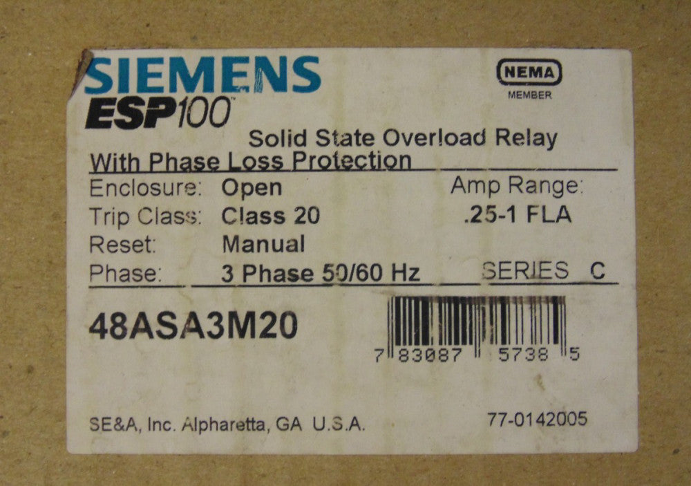 SIEMENS FURNAS ESP 100 Overload Relay .25-1 Amp 48ASA3M20