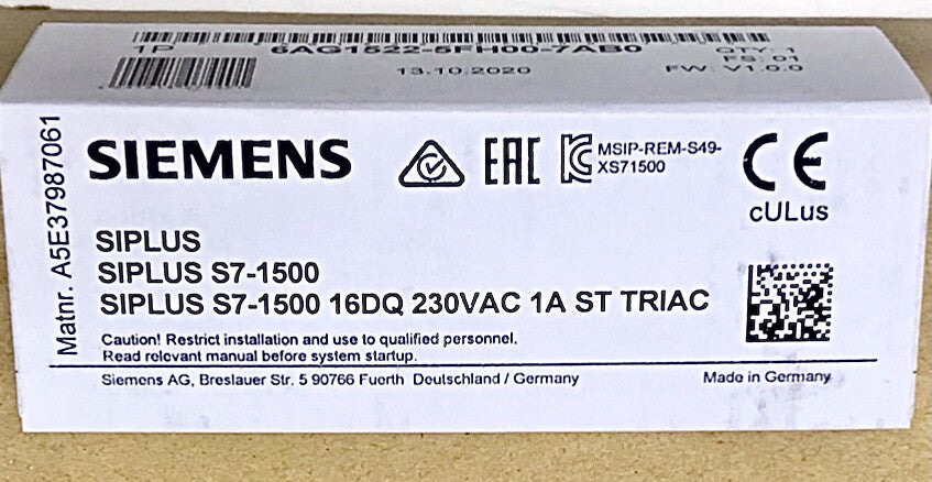 SIEMENS 6AG1522 5FH00 7AB0 SIPLUS S7-1500 16 DQ ST TRIAC Module 230 VAC