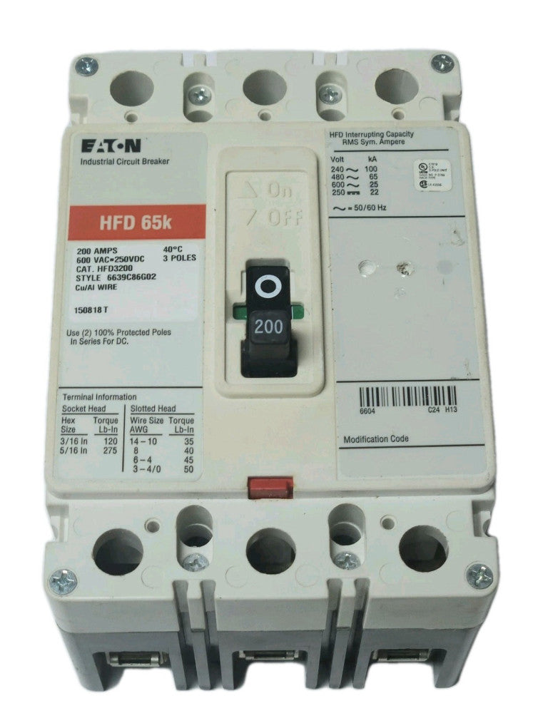 EATON CUTLER HAMMER HFD3200 3 Pole 200 AMP Type HFD Circuit Breaker with Hasp
