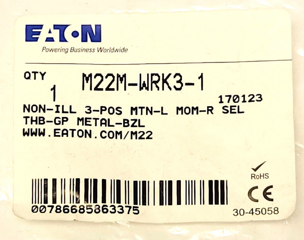 EATON M22M WRK3 1 Non Illuminated M22 3 Position Selector Switch Operator