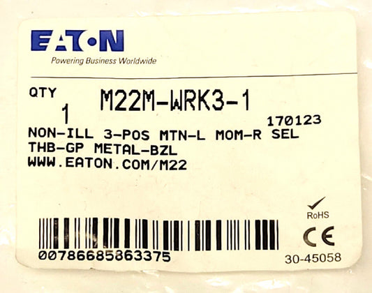 EATON M22M WRK3 1 Non Illuminated M22 3 Position Selector Switch Operator