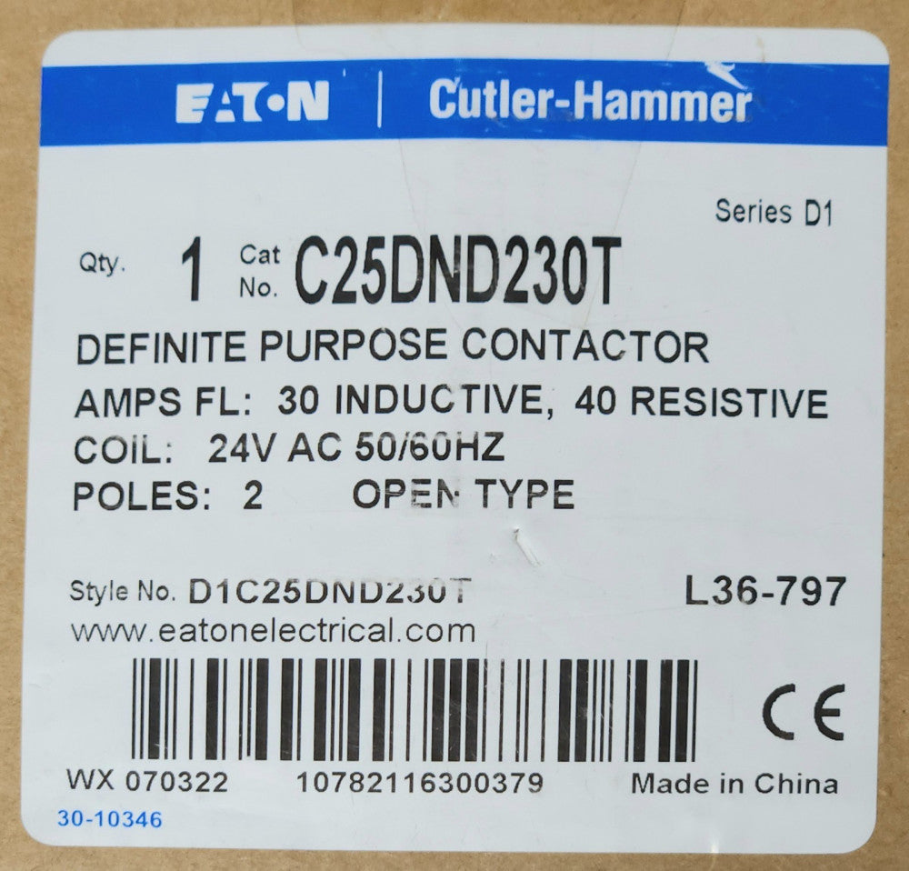EATON CUTLER HAMMER C25DND230T 2 Pole 30 AMP 24 VAC Definite Purpose Contactor