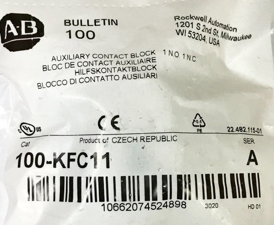 ALLEN BRADLEY 100 KFC11 TOP Mount Auxiliary Contact Block 1 NO 1 NC 100-KFC11