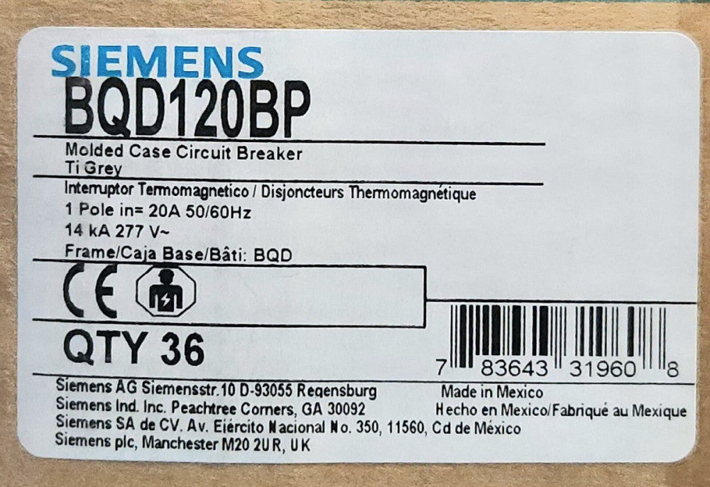 SIEMENS BQD120 Single Pole 20 AMP Type BQD Circuit Breaker BQD120BP