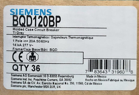 SIEMENS BQD120 Single Pole 20 AMP Type BQD Circuit Breaker BQD120BP